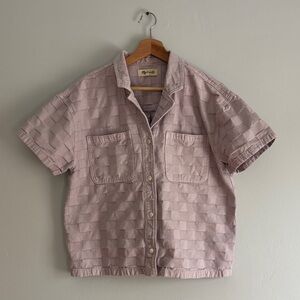 Madewell Garment Dyed Jacquard Checkerboard Short Sleeve Shirt in Mauve L